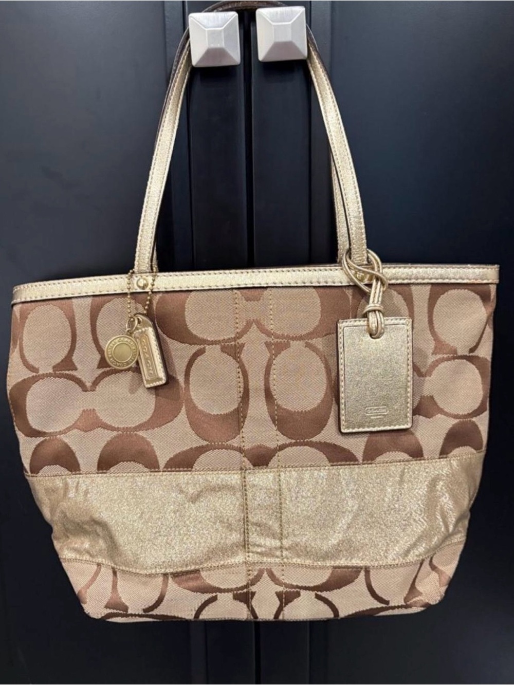 Coach Signature Canvas Tote in Brown and Gold